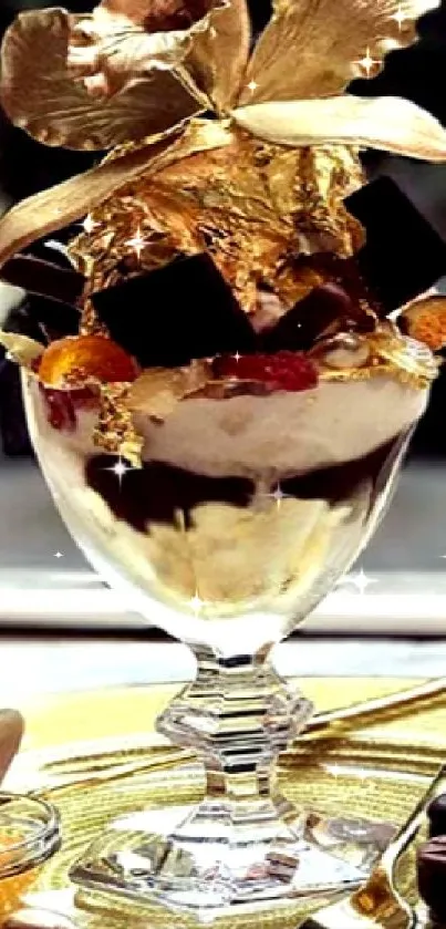 Luxurious dessert with gold accents and chocolate in elegant wallpaper.