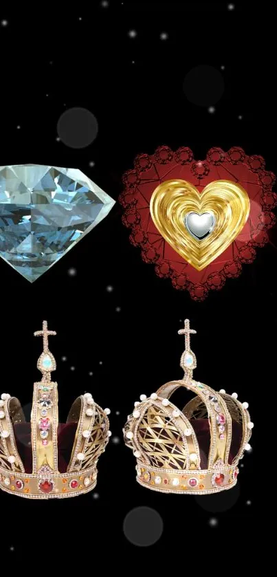 Luxury wallpaper with diamond, heart, and crowns on black background.