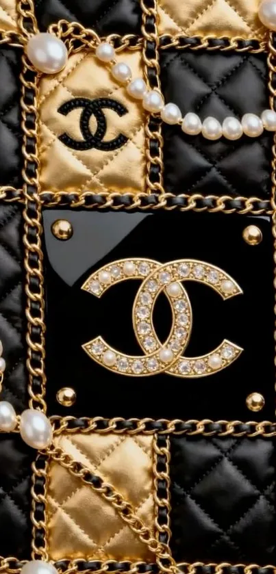 Luxury pattern wallpaper with pearls and gold accents on a quilted background.