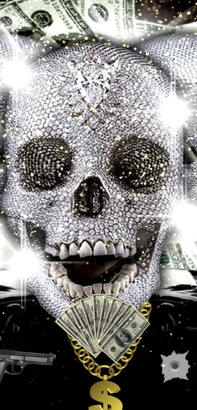 Diamond-encrusted skull with cash and gold necklace on a luxury wallpaper background.