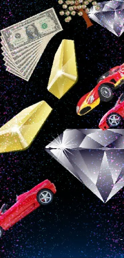 Luxury-themed mobile wallpaper with diamonds, gold, and sports cars on black background.