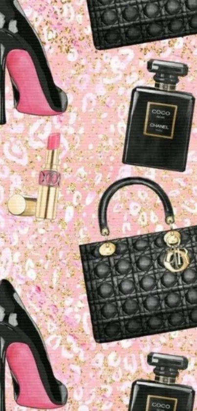 Luxury fashion items on pink wallpaper.