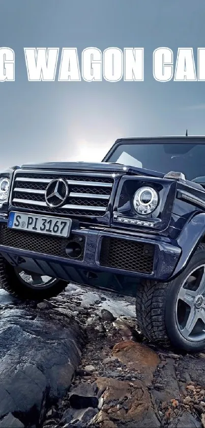 Luxury G Wagon car on rocky terrain with dramatic sky.