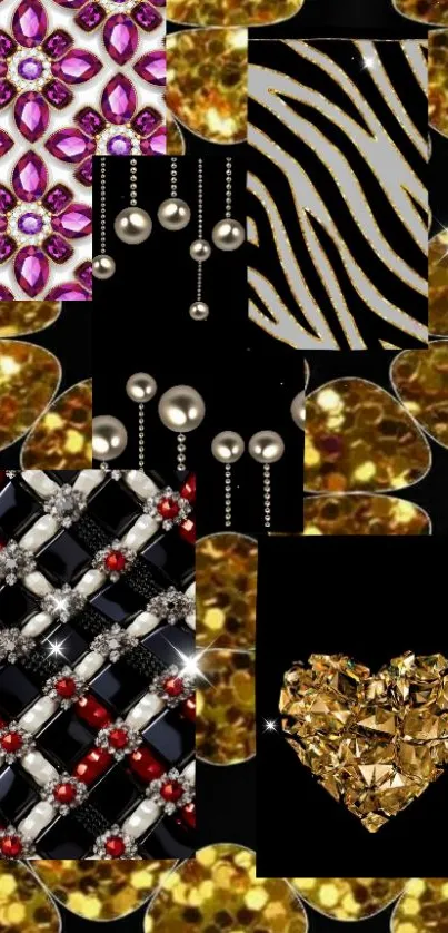 Abstract design with gemstones and pearls on black background.