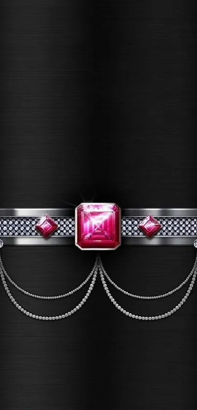 Black mobile wallpaper with pink gems and silver chains.