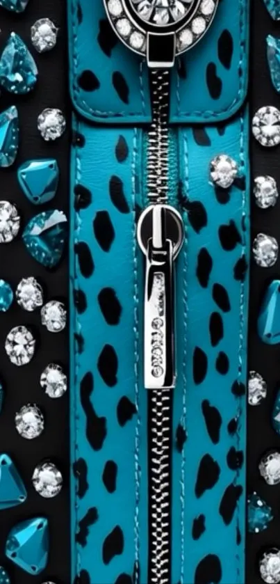 Studded turquoise design with gems and zip on mobile wallpaper.