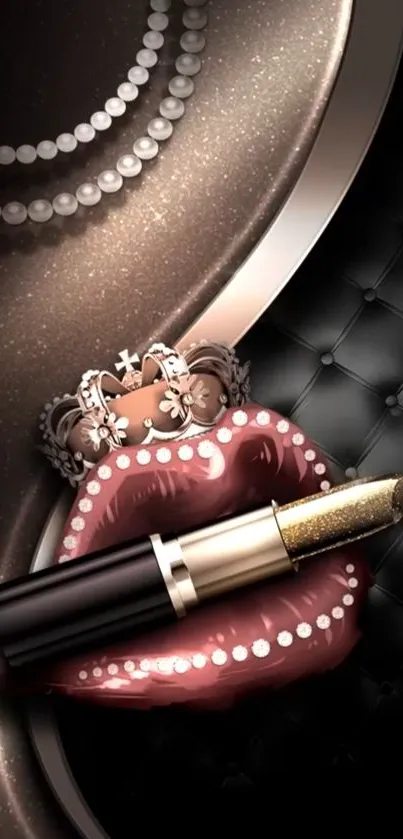 Glamorous black and gold mobile wallpaper with lipstick and pearls.