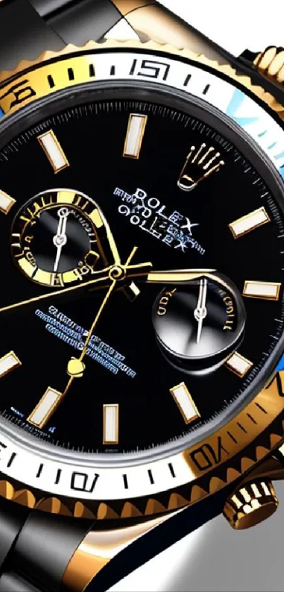 Luxury wristwatch with gold accents on black background.