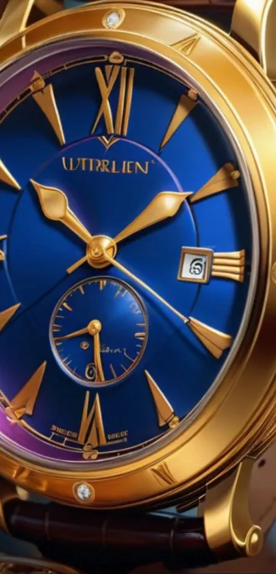 Luxurious gold and blue watch mobile wallpaper showcasing elegant design.