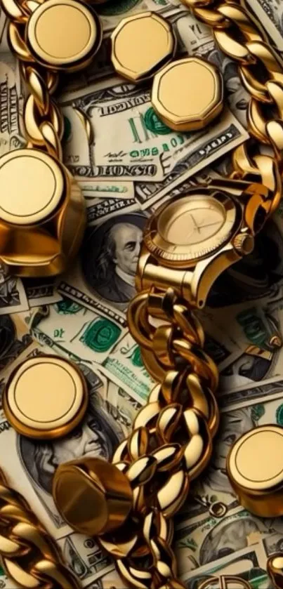 Luxurious gold chains with dollar bills.