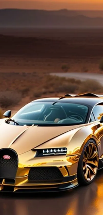 Luxurious gold sports car on a desert road at sunset.