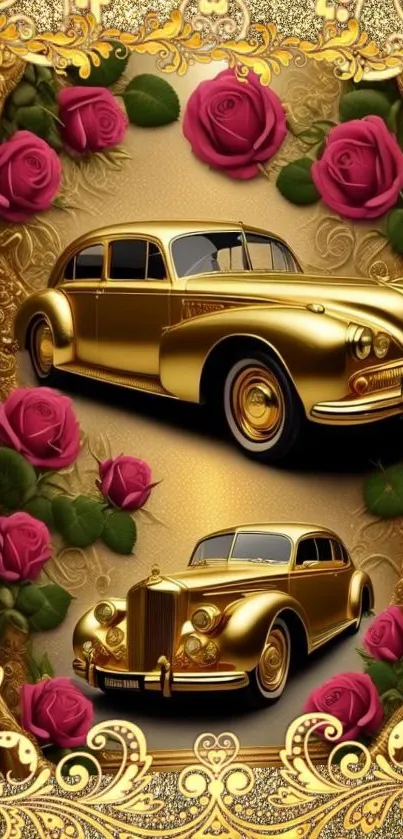 Vintage gold cars with red roses mobile wallpaper.