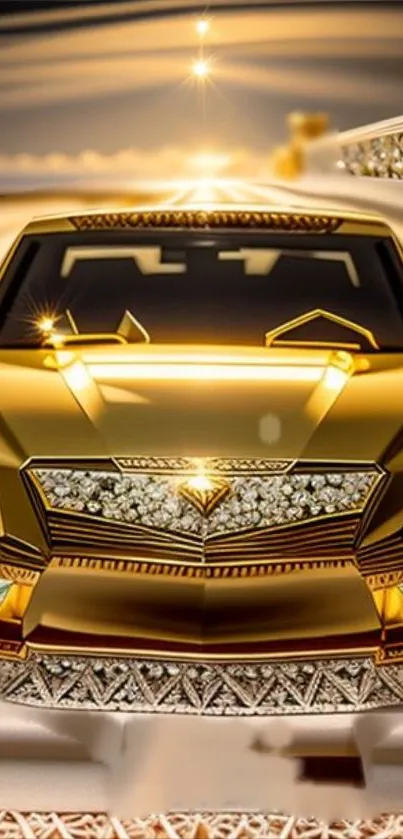 Opulent golden car with intricate details in dazzling wallpaper design.