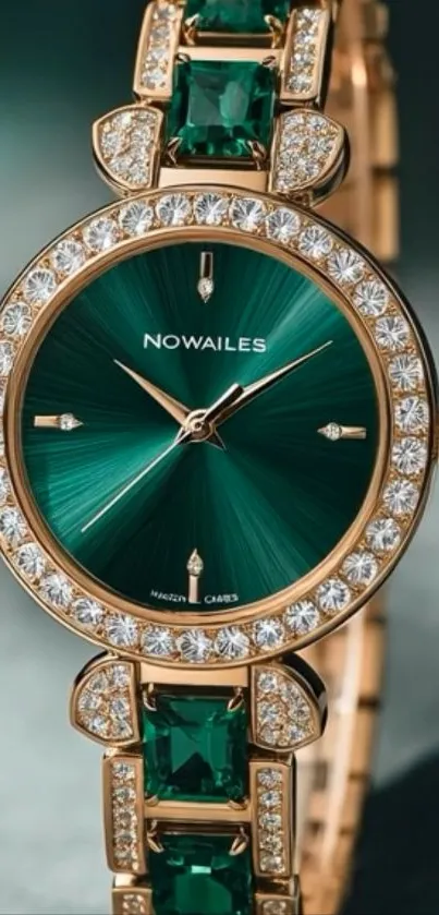 Elegant green and gold watch with gemstones on display
