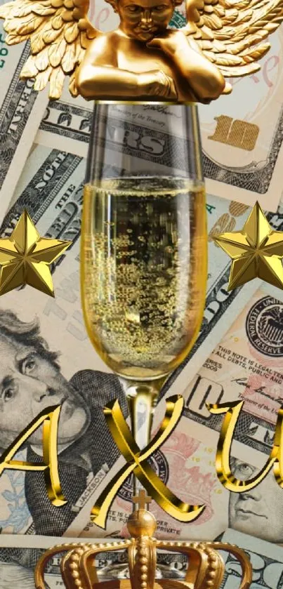 Golden themed mobile wallpaper with currency and champagne.