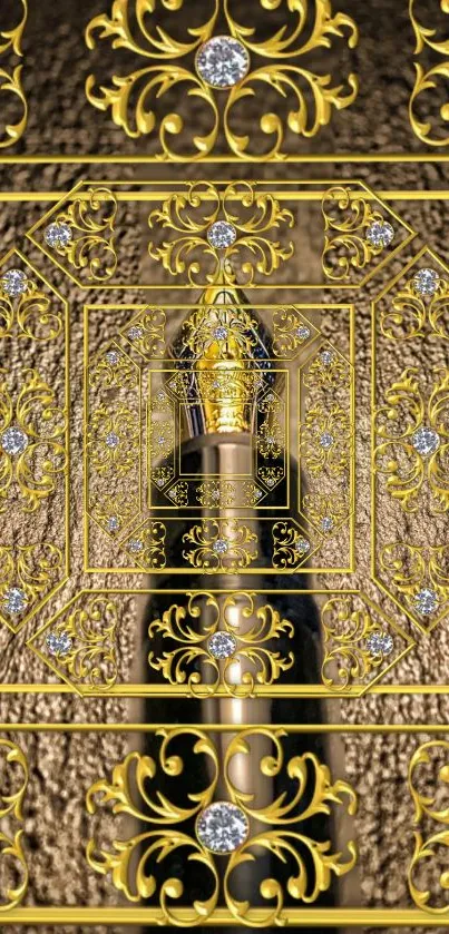 Luxurious gold ornamental wallpaper with intricate patterns and designs.