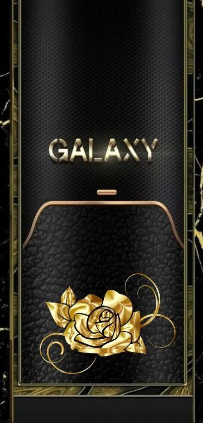 Black and gold wallpaper with Galaxy logo and golden rose.