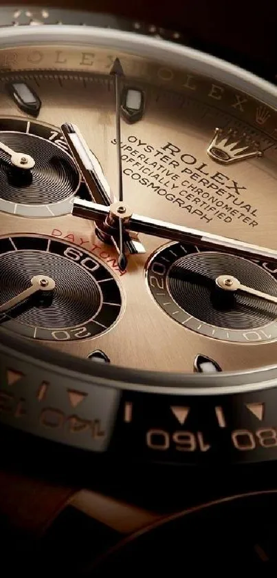 Close-up of a luxury gold watch face, showing intricate horological details.