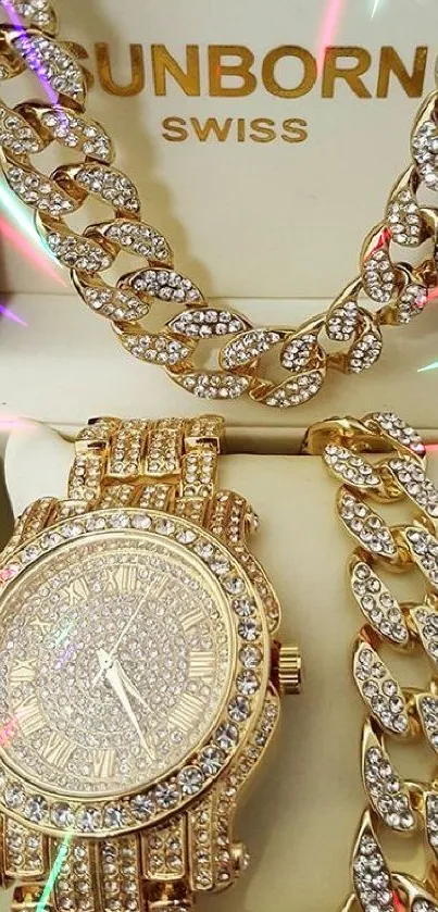 Luxury gold watch with diamond accents in a jewelry display.