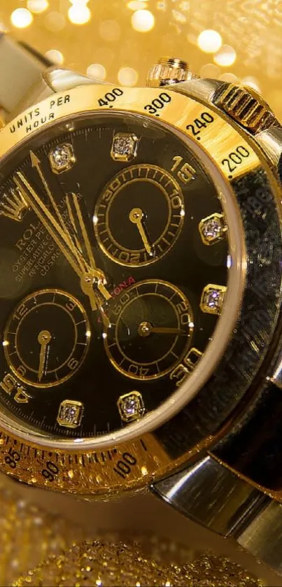Elegant gold watch with sparkling background.