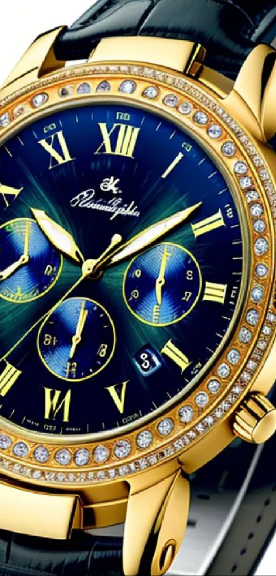 Luxury gold watch with blue dial displaying elegance and fine design.