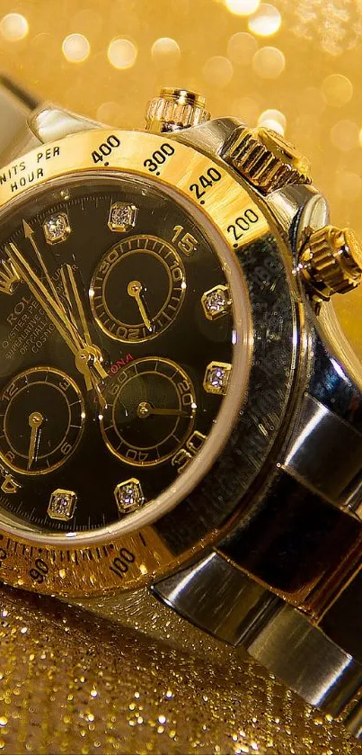 Luxury gold watch with a sparkling gold background.
