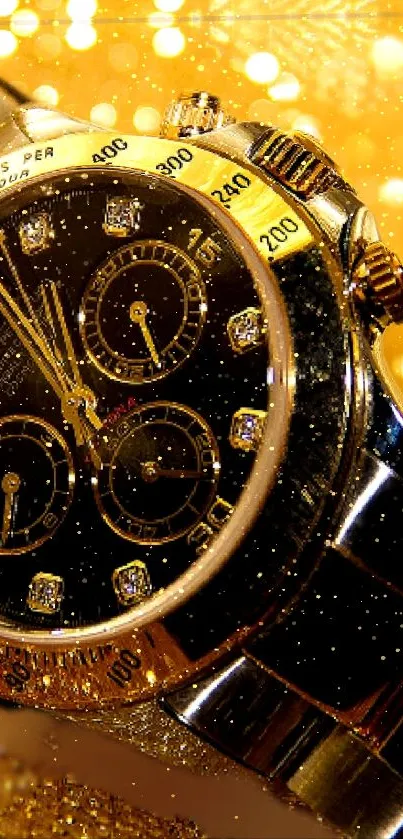 Luxurious gold watch with dazzling detailed design on mobile wallpaper.