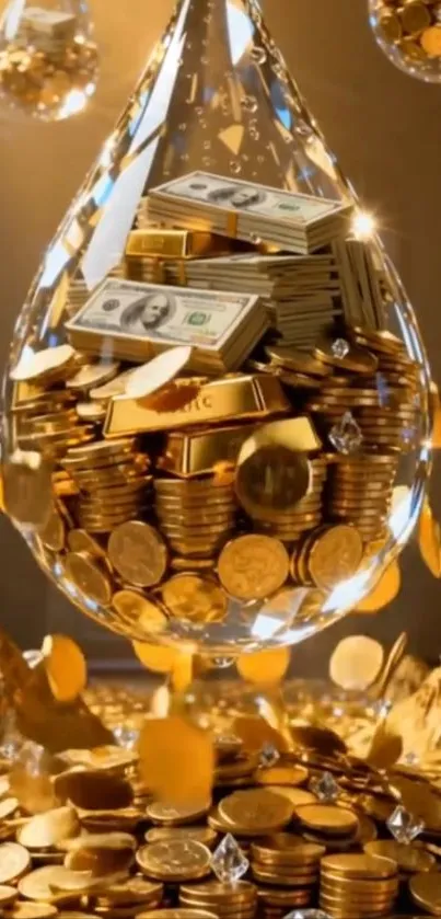 Luxurious wallpaper with gold coins and cash.