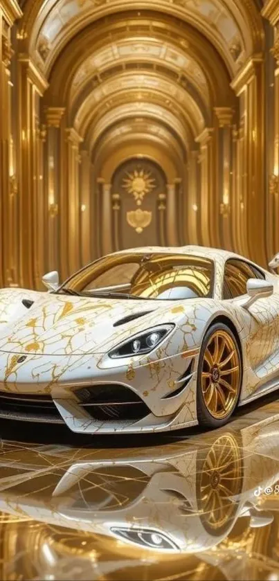 White and gold sports car in opulent palace.
