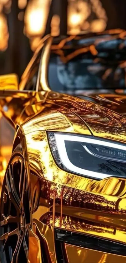 Golden car with reflective surface and dramatic lighting, perfect for wallpaper.