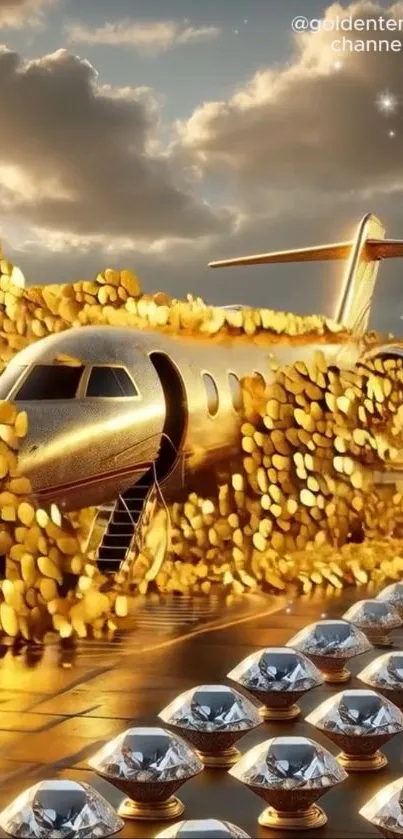 Golden plane surrounded by coins and diamonds under a cloudy sky.