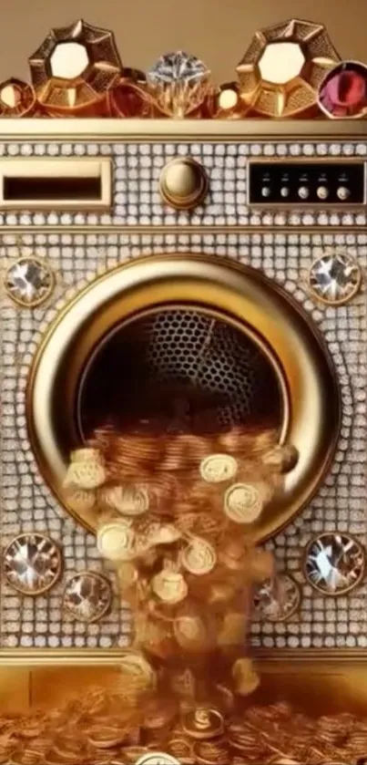 Golden washing machine with jewels and coins in a luxurious setting.