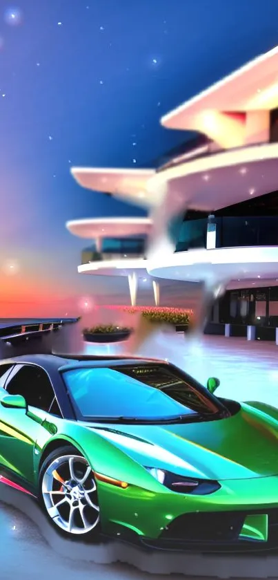 Green sports car in front of a luxury building at sunset.