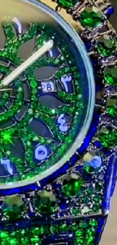 Luxury watch with green gemstones and exquisite design.