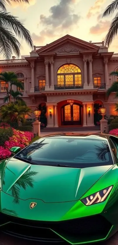 Green sports car parked in front of a grand mansion.