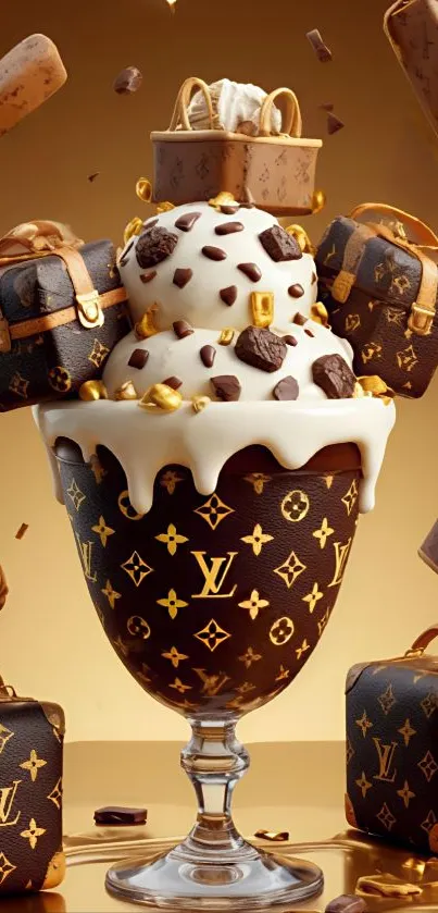 Luxury ice cream with designer theme on phone wallpaper.