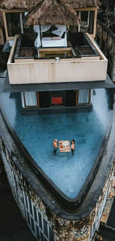 Elevated view of luxury villa with infinity pool.