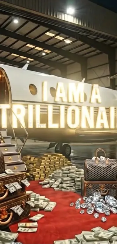 Luxury jet with money and accessories in hangar.