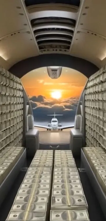 Private jet loaded with cash at sunset.