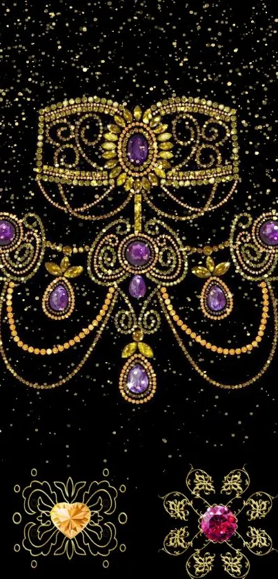 Luxury black wallpaper with purple and gold jewel design.