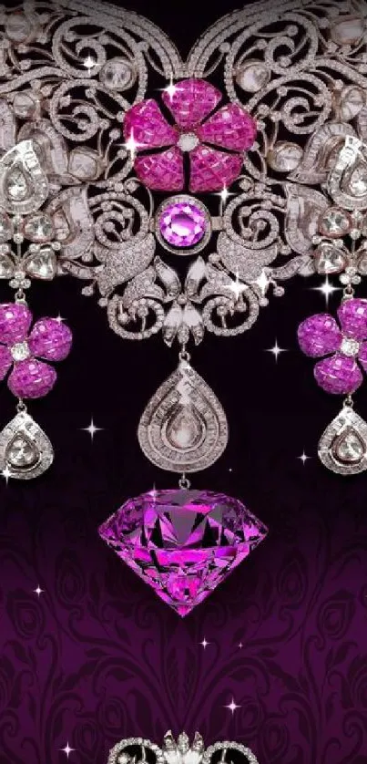 Luxurious purple wallpaper with jeweled floral patterns and diamonds.