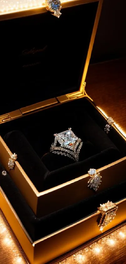 Luxurious gold jewelry box with diamond rings.