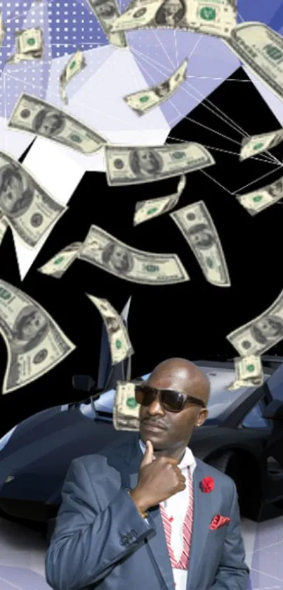 Luxury car with flying dollar bills backdrop.