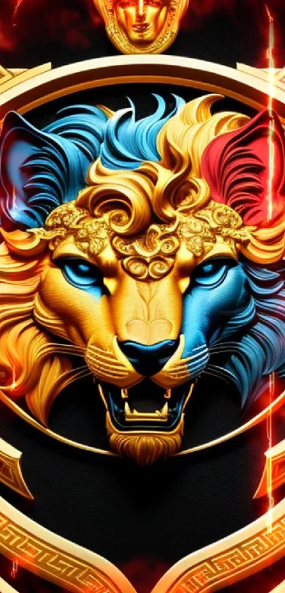 Luxurious gold lion with blue and red accents on black background.