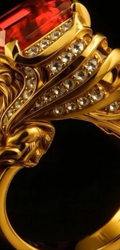 Golden lion ring with red gem and intricate design.