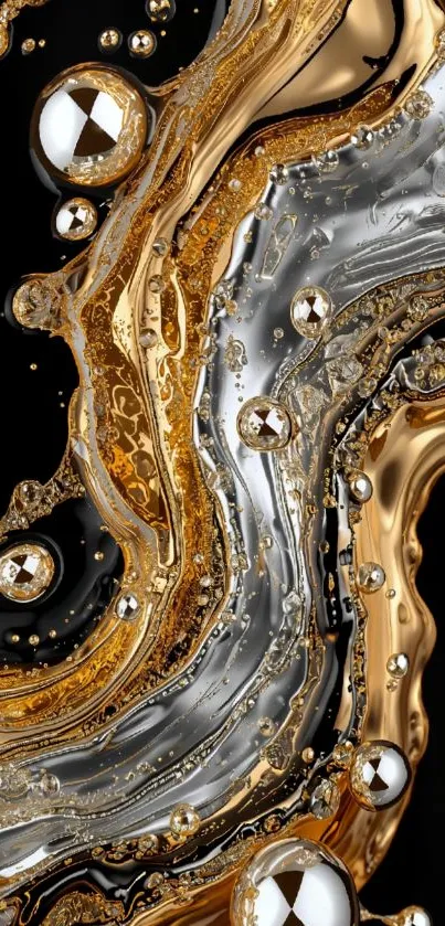 Luxury gold and silver liquid swirl wallpaper for mobile phones.
