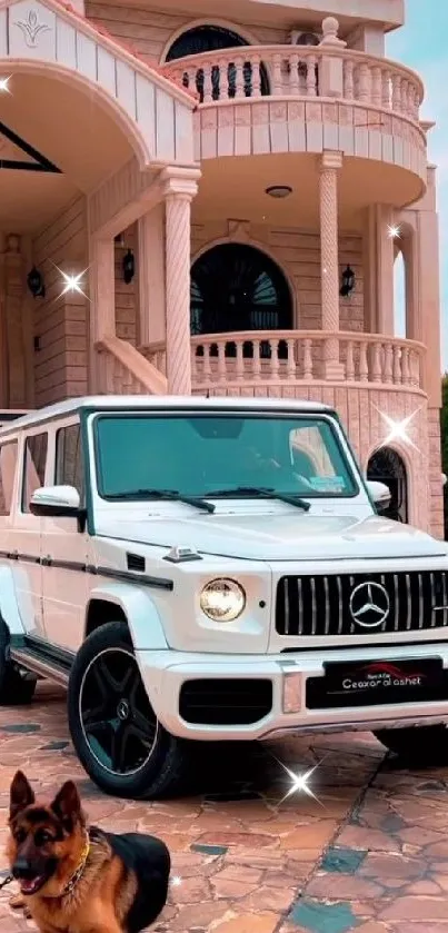 Luxury car and mansion with dog in foreground.