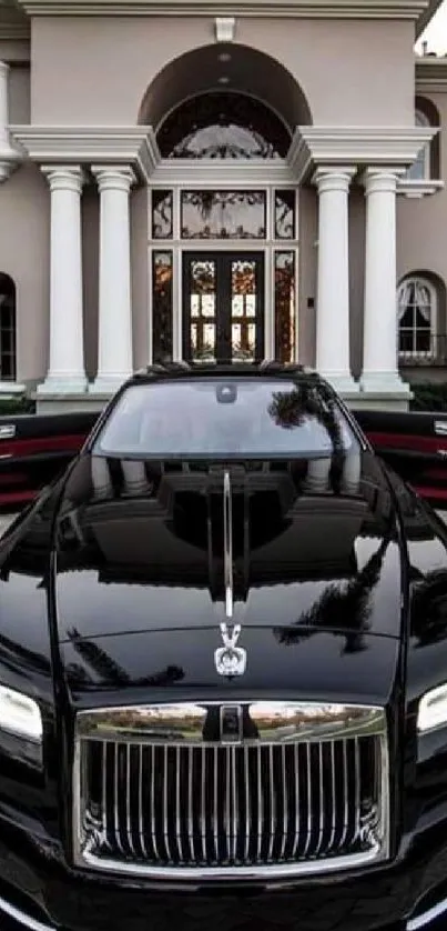 Luxurious car at grand mansion entrance displaying elegance.