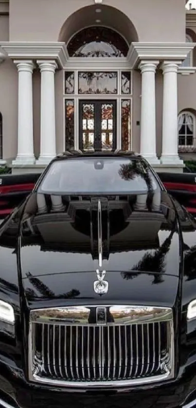 Luxury black car parked in front of a large mansion, stylish and elegant setting.