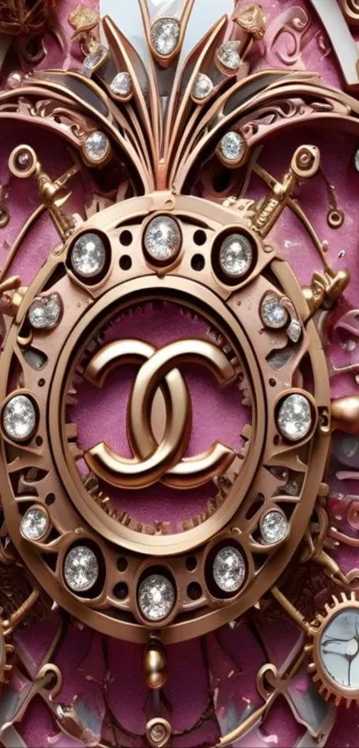 Luxurious mechanical clock design with intricate details and gemstones on pink background.